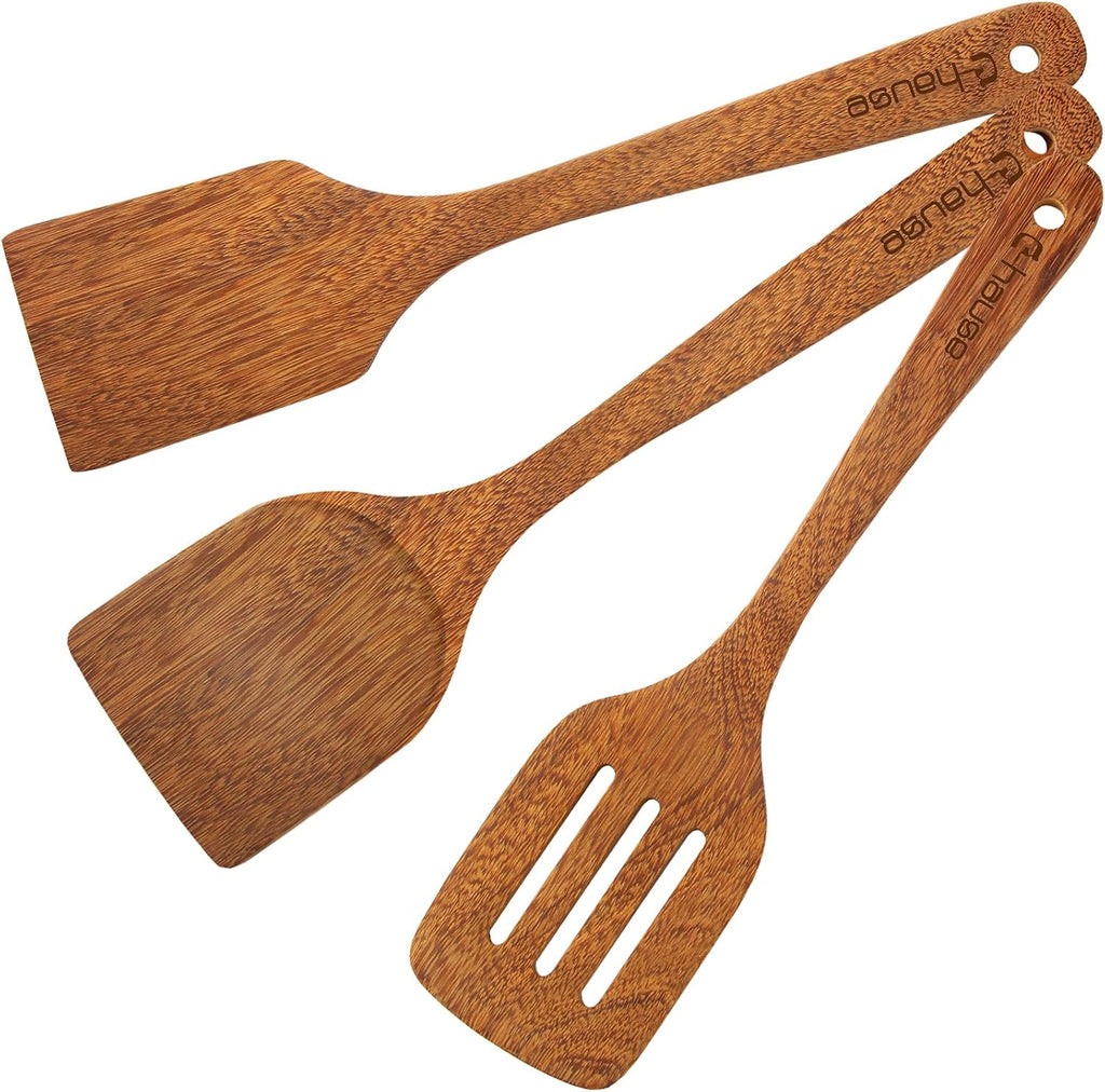 3Pcs Wood Spatulas Set Natural Wood Cooking Spoon Wooden Solid Turner Non-Stick Slotted Kitchen Utensils Wooden Spoons for Cooking Heat Resistant Non-Scratch Spoon Set