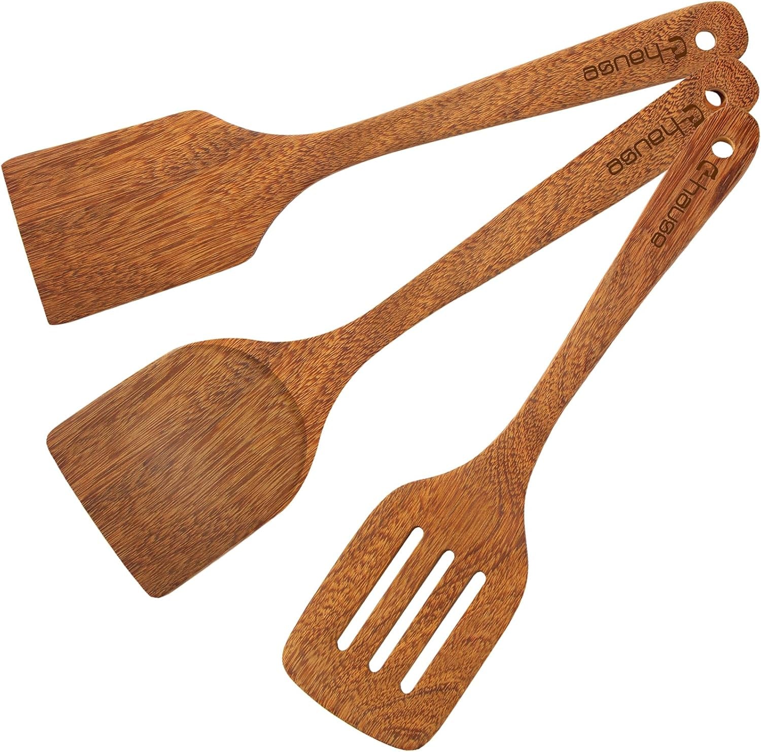 3Pcs Wood Spatulas Set Natural Wood Cooking Spoon Wooden Solid Turner Non-Stick Slotted Kitchen Utensils Wooden Spoons for Cooking Heat Resistant Non-Scratch Spoon Set