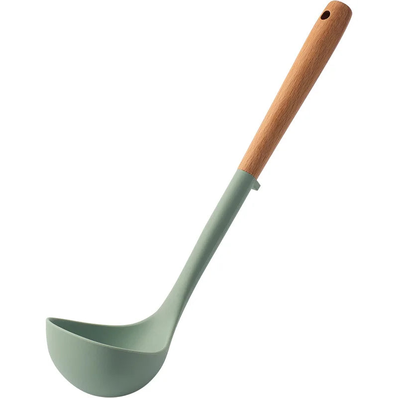 5Pcs Green Non-Stick Silicone Wooden Handle Kitchen Utensils Kitchen Utensils Silicone Cooking Spatula Baking Storage Tool
