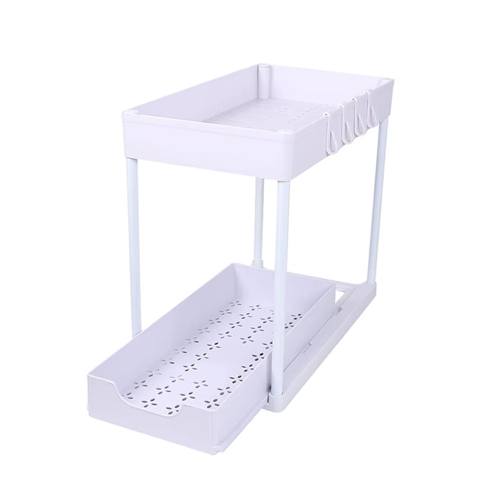 Under Sink Organizer Storage with Hooks 2-Tier Sliding Cabinet Basket Organizer Pull Out Sliding Drawer for Bathroom Kitchen