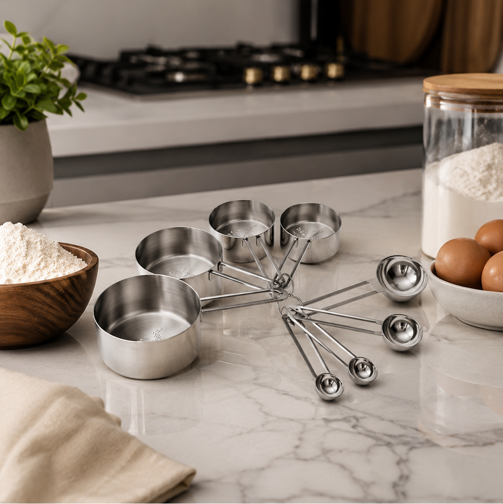 8PCS Rose Gold Measuring Cups & Spoons Set – Stainless Steel Measuring Cups, Measuring Spoons, Baking Tools, Kitchen Measuring Set, Coffee Scoop, Tea Spoon, Cooking Accessories, Kitchen Gadgets