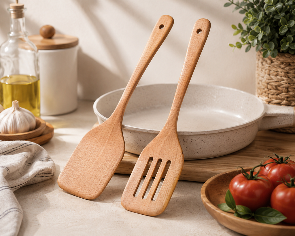 2PCS Beech Wood Cooking Spatula Set – Flat & Slotted Wooden Spatulas for Nonstick Cookware – Natural Wooden Cooking Utensils for Frying, Sautéing & Baking – Wholesale Kitchen Accessories