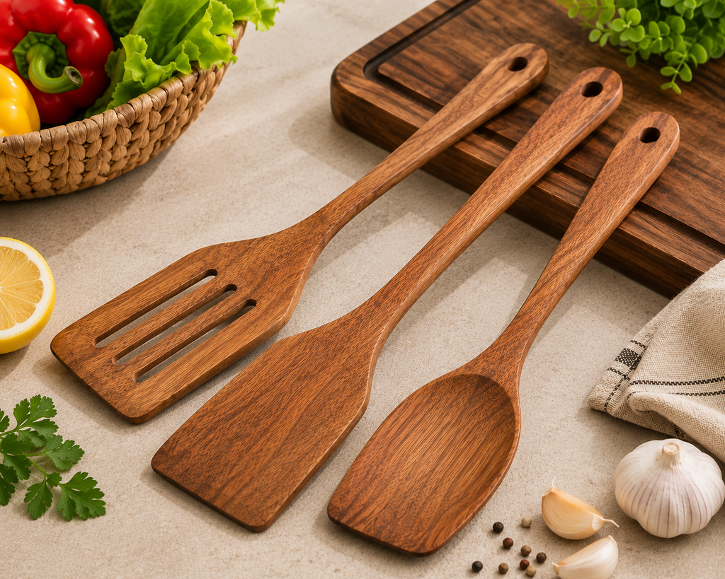 Premium 3PCS Natural Wooden Cooking Utensil Set – Solid Wood Spatulas, Slotted Turner & Cooking Spoon for Nonstick Cookware – Heat Resistant Non-Scratch Kitchen Tools – Wholesale Kitchen Accessories