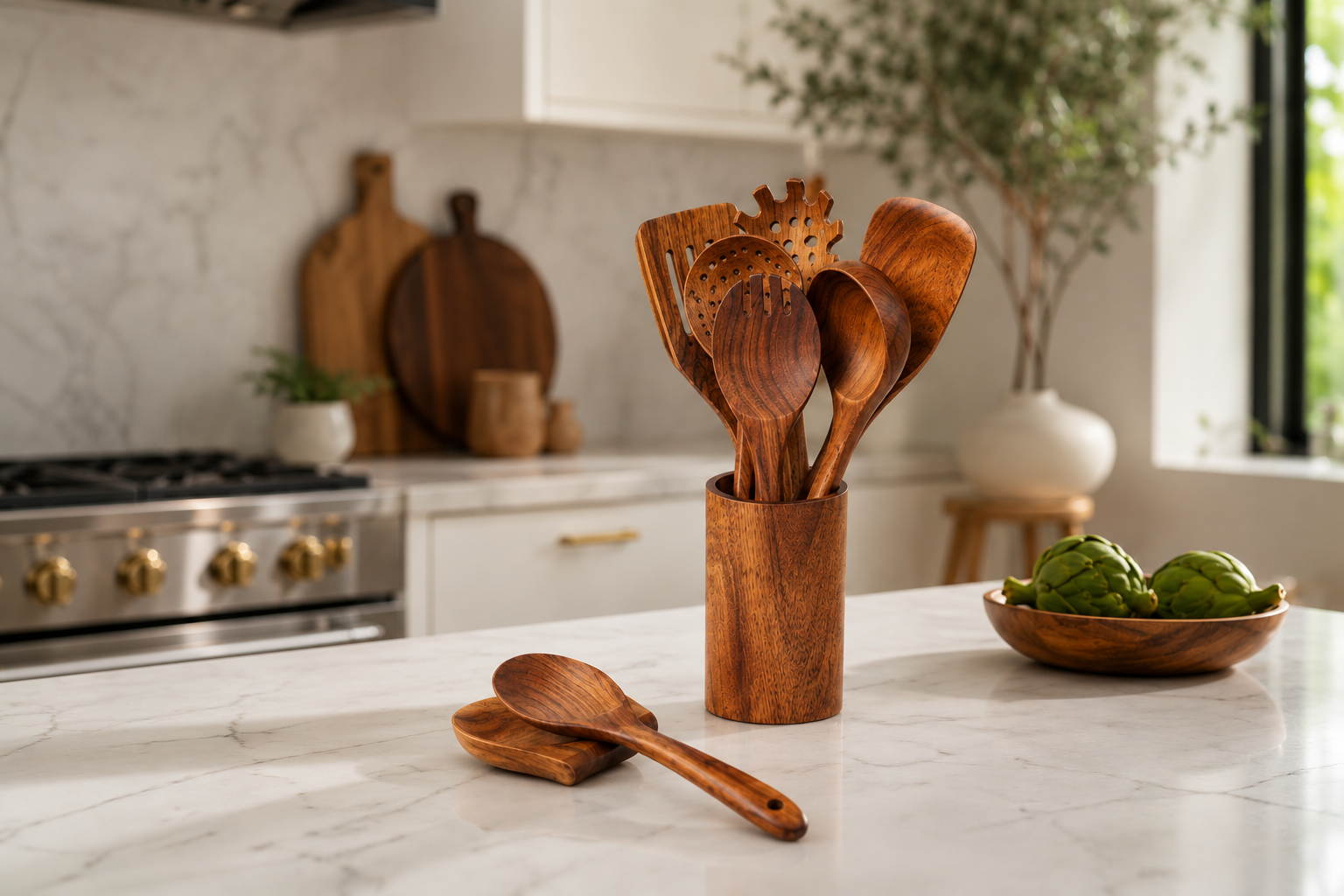 9-Piece Wooden Spoons for Cooking Comfort-Grip Utensils Set with Holder Spoon Rest & Hooks Smooth Finish Kitchen Tools for Restaurant Cafe Bar Hotel Commercial Kitchen Catering Hospitality Food Service Supplies Bulk Wholesale Non-Stick Pan Friendly