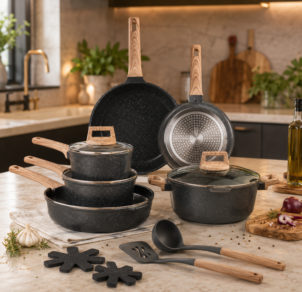 Premium 17PCS Granite Nonstick Cookware Set with Lids – Complete Pots & Pans Set for Induction, Gas & Electric Cooktops – Durable Kitchen Cooking Set – Wholesale