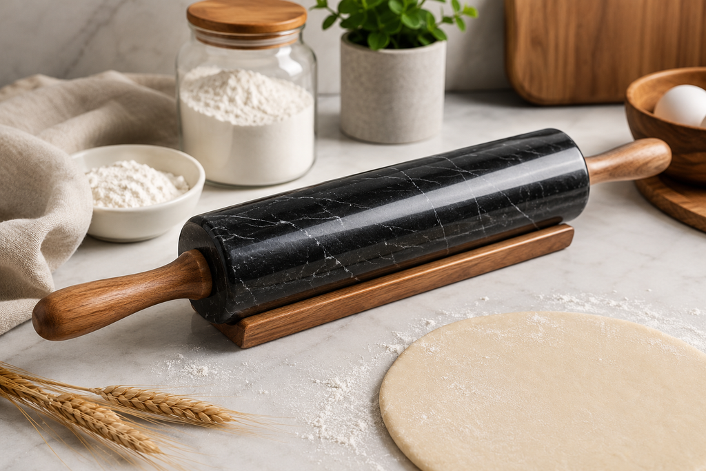 10-Inch Marble Rolling Pin – Natural Marble Stone Dough Roller – Nonstick Baking Roller – Wooden Handles & Cradle Stand – Pizza, Bread, Cookie, Pie Crust, Pastry & Tortilla Maker – Kitchen Essentials – Wholesale Bakeware