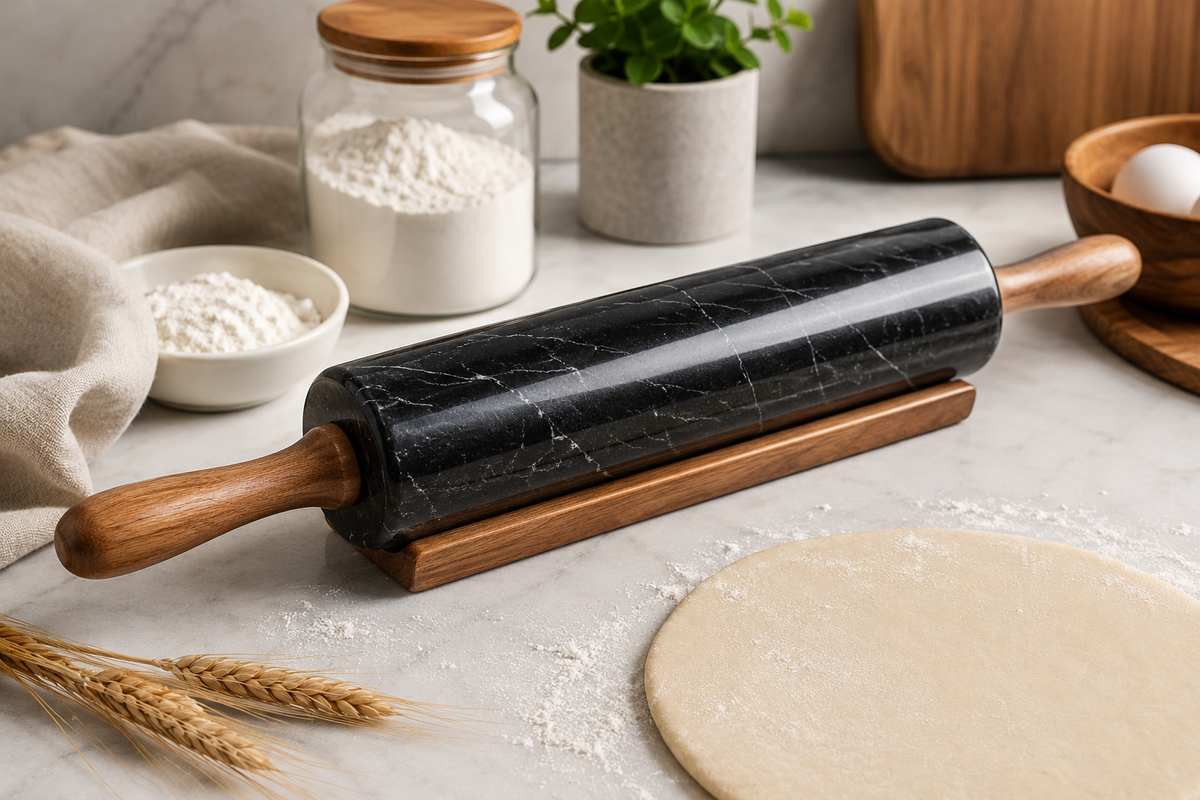 10-Inch Marble Rolling Pin – Natural Marble Stone Dough Roller – Nonstick Baking Roller – Wooden Handles & Cradle Stand – Pizza, Bread, Cookie, Pie Crust, Pastry & Tortilla Maker – Kitchen Essentials – Wholesale Bakeware