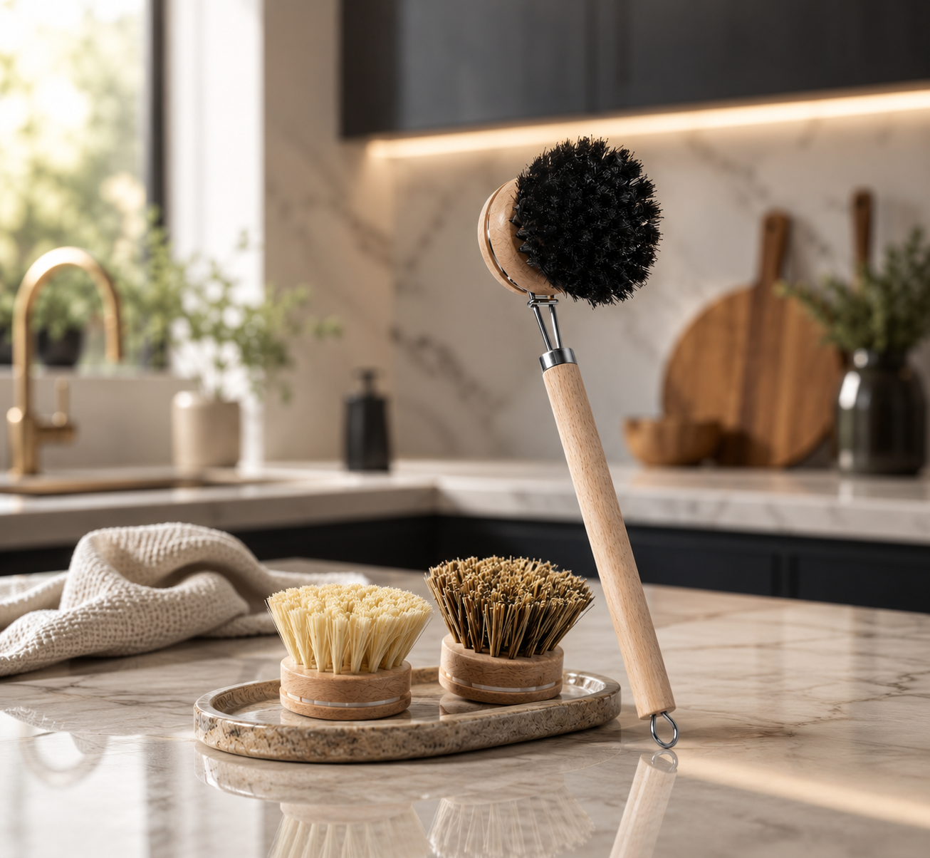 Bamboo Dish Brush Set – Wooden Handle – Replaceable Natural Bristle Heads – Eco-Friendly Kitchen Scrubber – Dish Brush – Pot Brush – Pan Brush – Wok Brush – Fruit & Vegetable Brush – Household Cleaning Supplies – Wholesale Kitchen Accessories