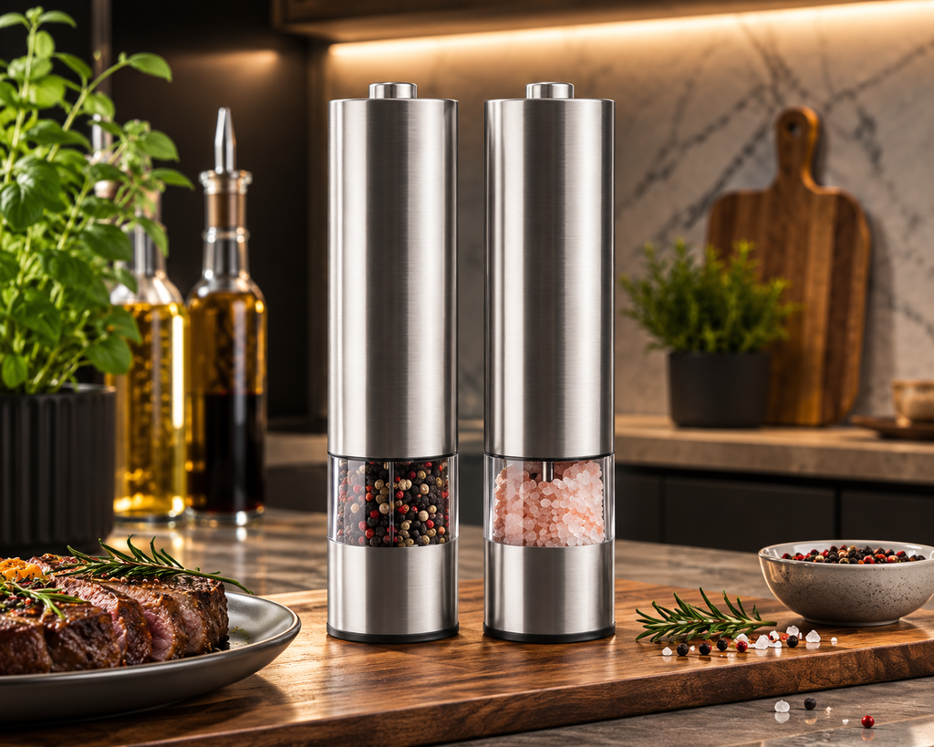 Electric Salt and Pepper Grinder Set, Automatic Stainless Steel Spice Mill, One Hand Operation Pepper Mill with LED Light, Adjustable Coarseness, Battery Powered Seasoning Grinder for Kitchen, Restaurant, Cafe, Bar, Hotel, Commercial Kitchen, Wholesale