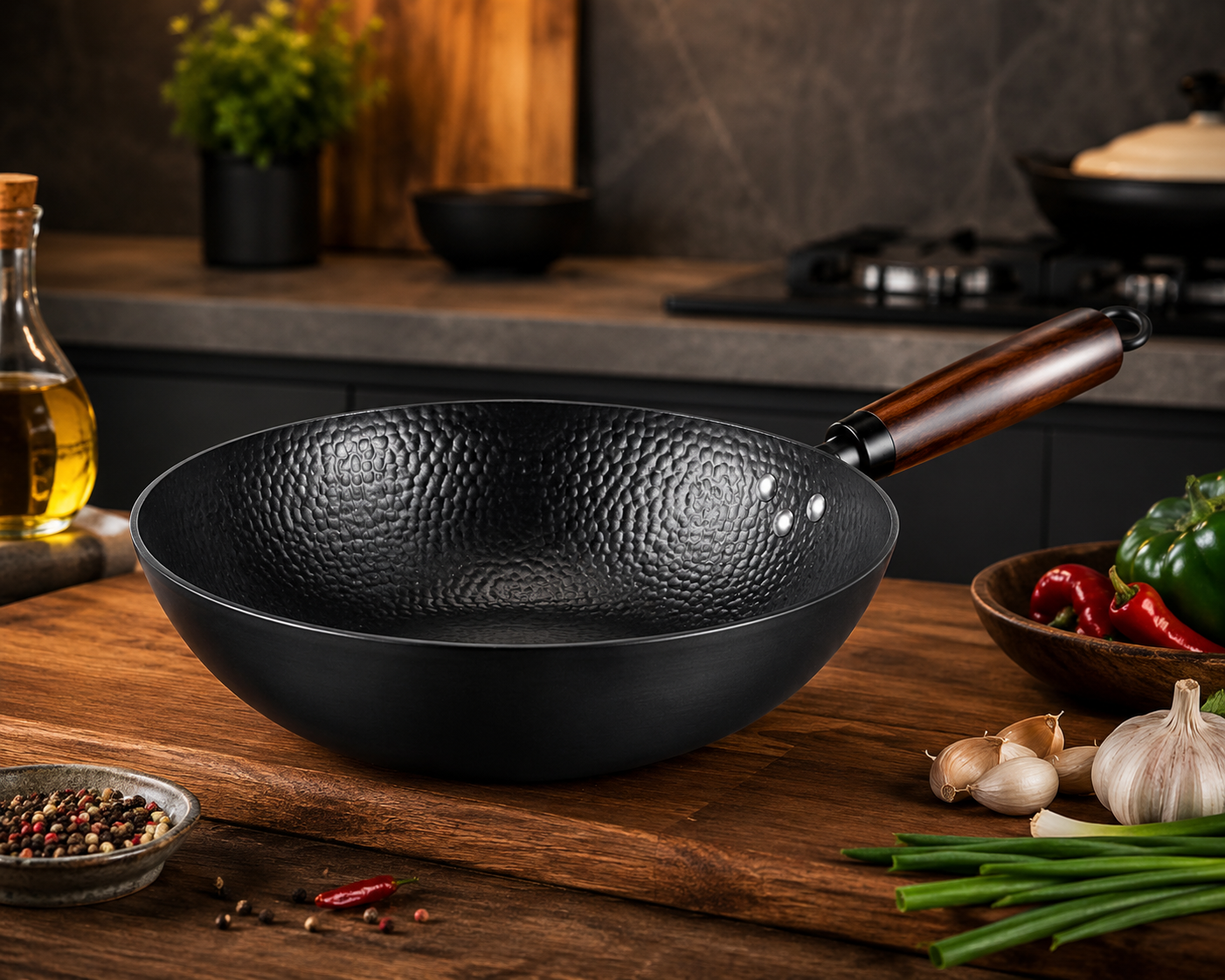 Carbon Steel Wok Pan 32Cm, Stir-Fry Pans with Wooden Lid, Uncoated Flat Bottom Chinese Wok for Induction Electric Gas All Stoves, Heavy Duty Cooking Pan for Kitchen, Restaurant, Cafe, Bar, Hotel, Commercial Kitchen, Catering, Hospitality, Wholesale