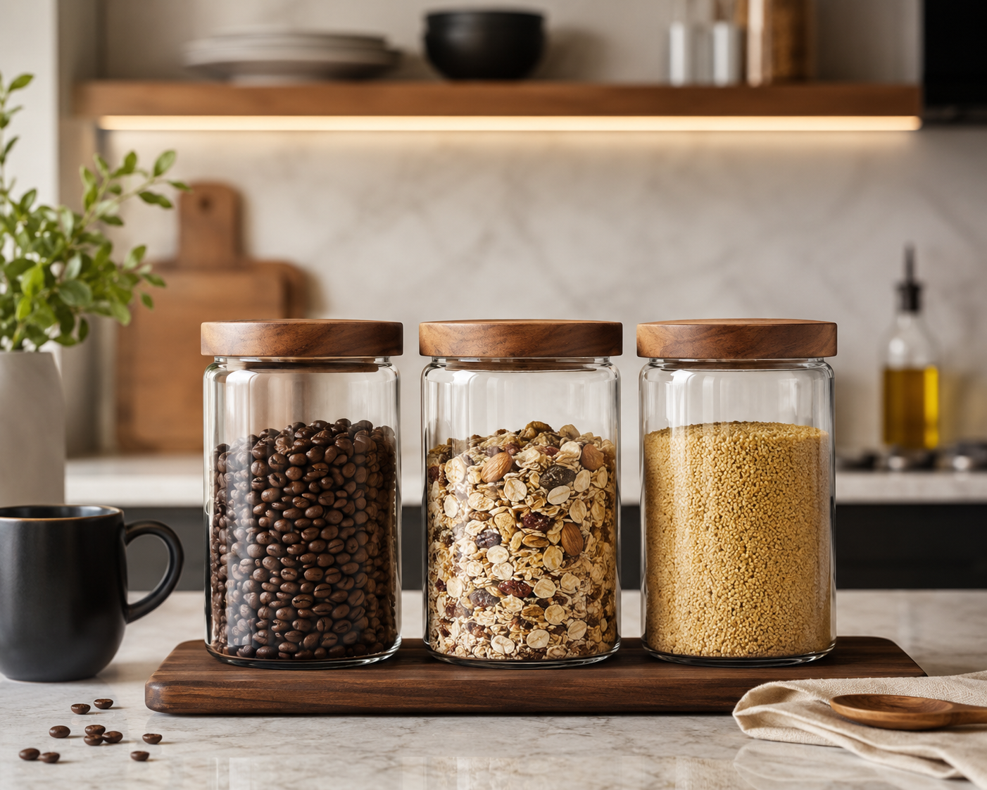 Glass Storage Jars with Acacia Wood Lids – Set of 3 Airtight Food Storage Containers – Large 34oz Kitchen Pantry Canisters for Coffee Beans, Tea, Sugar, Flour, Rice, Pasta, Cereal, Cookies & Snacks – Stackable Glass Storage Jars – Wholesale