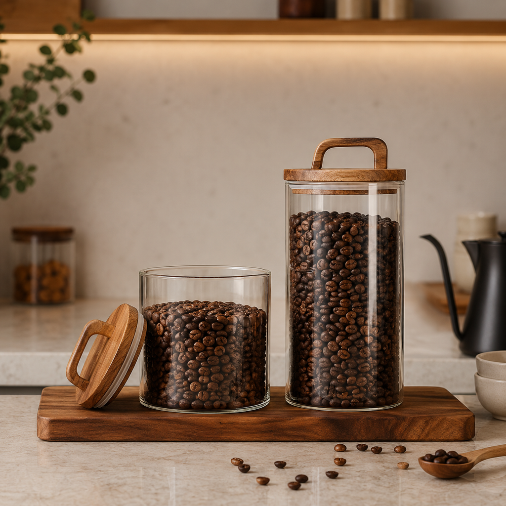 Glass Storage Jar with Acacia Wood Lid – Airtight Food Storage Container for Coffee Beans, Tea, Sugar, Flour, Pasta, Rice, Candy & Kitchen Pantry Organization