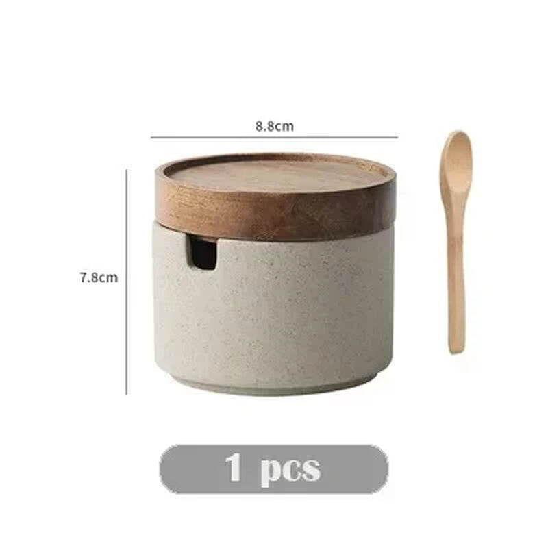 NEW Ceramic Retro Seasoning Jar Pepper Storage Bottle round Ceramic Seasoning Jar with Wooden Lid Salt Pepper Kitchen Tool