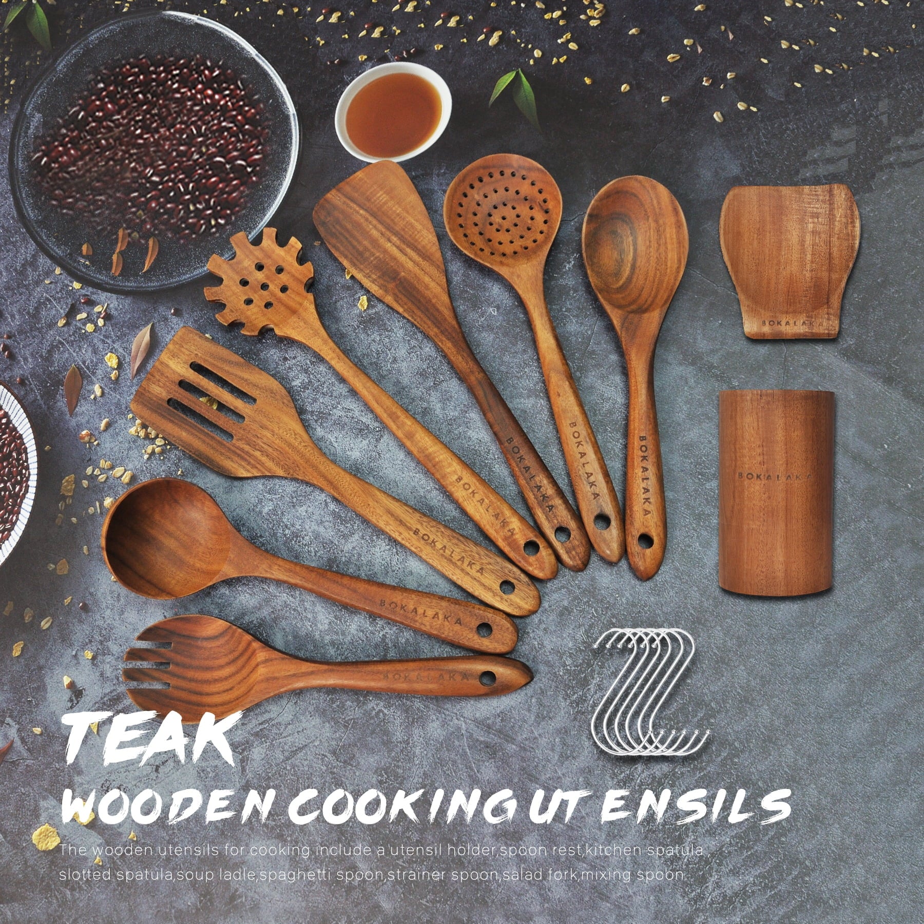 ​9-Piece Wooden Spoons for Cooking-Comfort-Grip Wooden Utensils for Cooking-Smooth Finish Wooden Cooking Utensils with Utensils Holder-Wooden Kitchen Utensil Set with Spoon Rest & Hooks