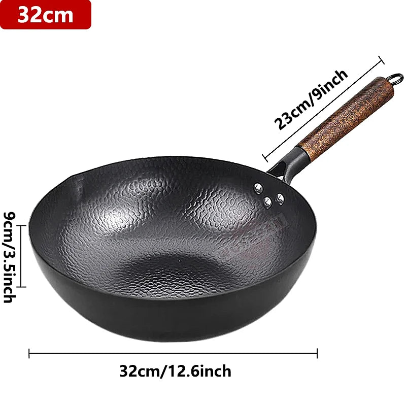 Carbon Steel Wok Pan 32Cm Stir-Fry Pans with Wooden Lid Uncoated Flat Bottom Chinese Pan for Induction Electric Gas All Stoves