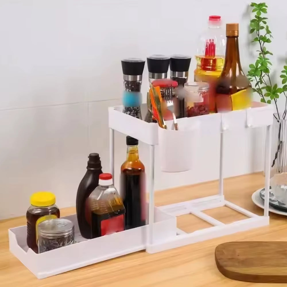 Under Sink Organizer Storage with Hooks 2-Tier Sliding Cabinet Basket Organizer Pull Out Sliding Drawer for Bathroom Kitchen