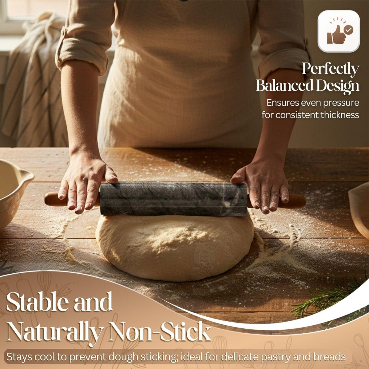 Marble Rolling Pin Heavy Nonstick Stone Dough Roller - 10 Inch Polished Barrel with Wooden Handles & Cradle Stand for Baking Pastry Bread Pizza Cookies Pie Crust Pasta Tortillas (Black)