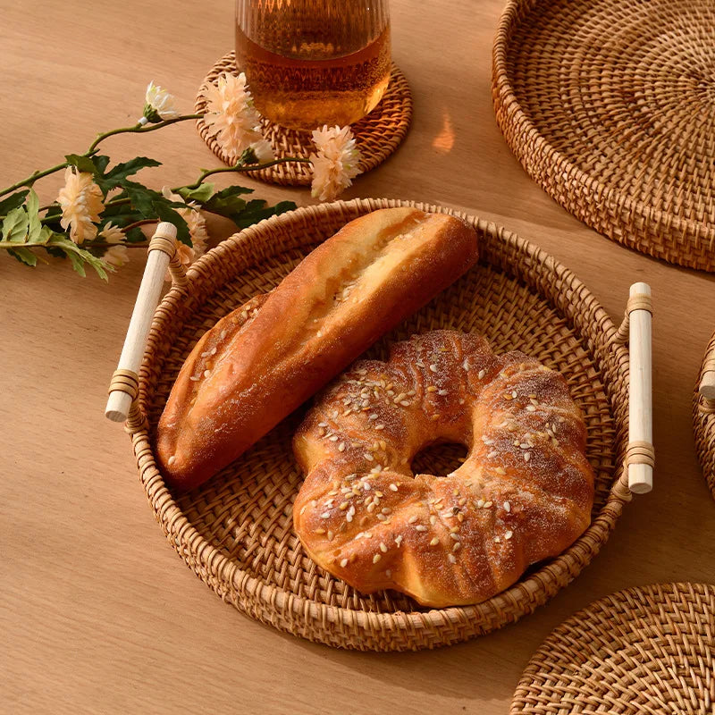 1PC Rattan Strap Handle Storage Basket Bread Snack Fruit Handwoven Tray Outdoor Coffee Afternoon Tea Picnic Kitchen Household