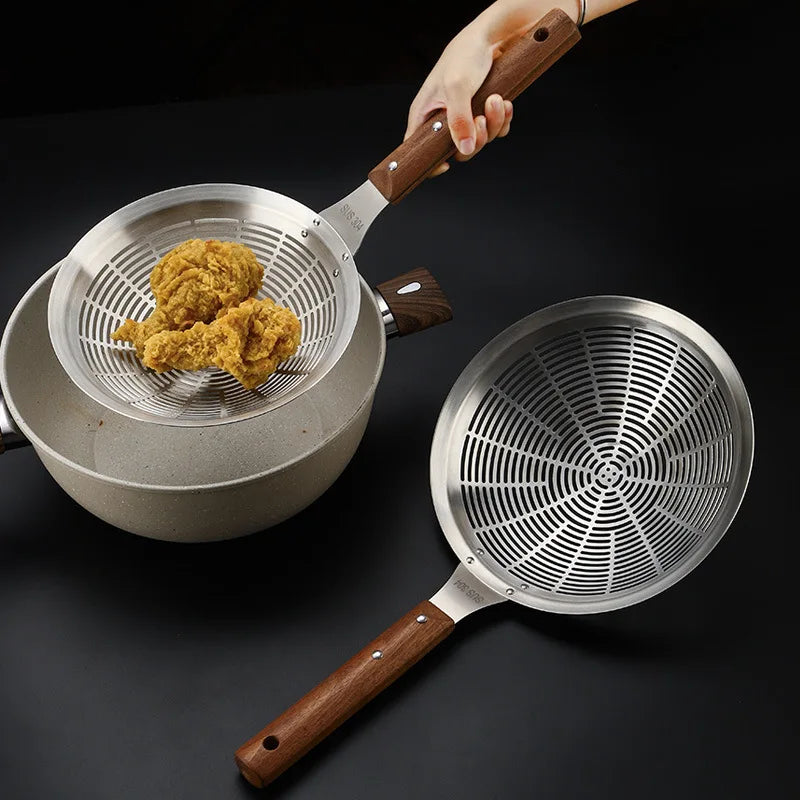 Super Large 304 Stainless Steel Colander Kitchen Oil Drainer Flying Basket Filter Tood Wood Handle Kitchenware Noodle Spoons