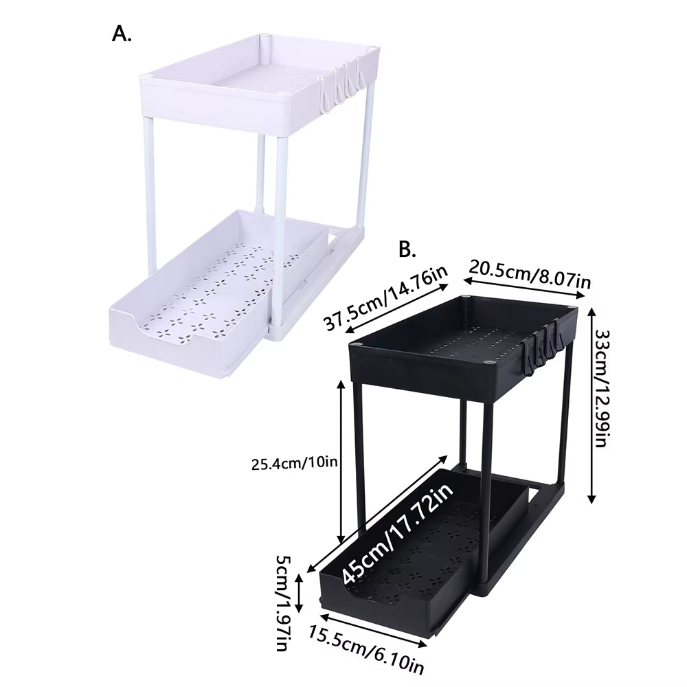 Under Sink Organizer Storage with Hooks 2-Tier Sliding Cabinet Basket Organizer Pull Out Sliding Drawer for Bathroom Kitchen