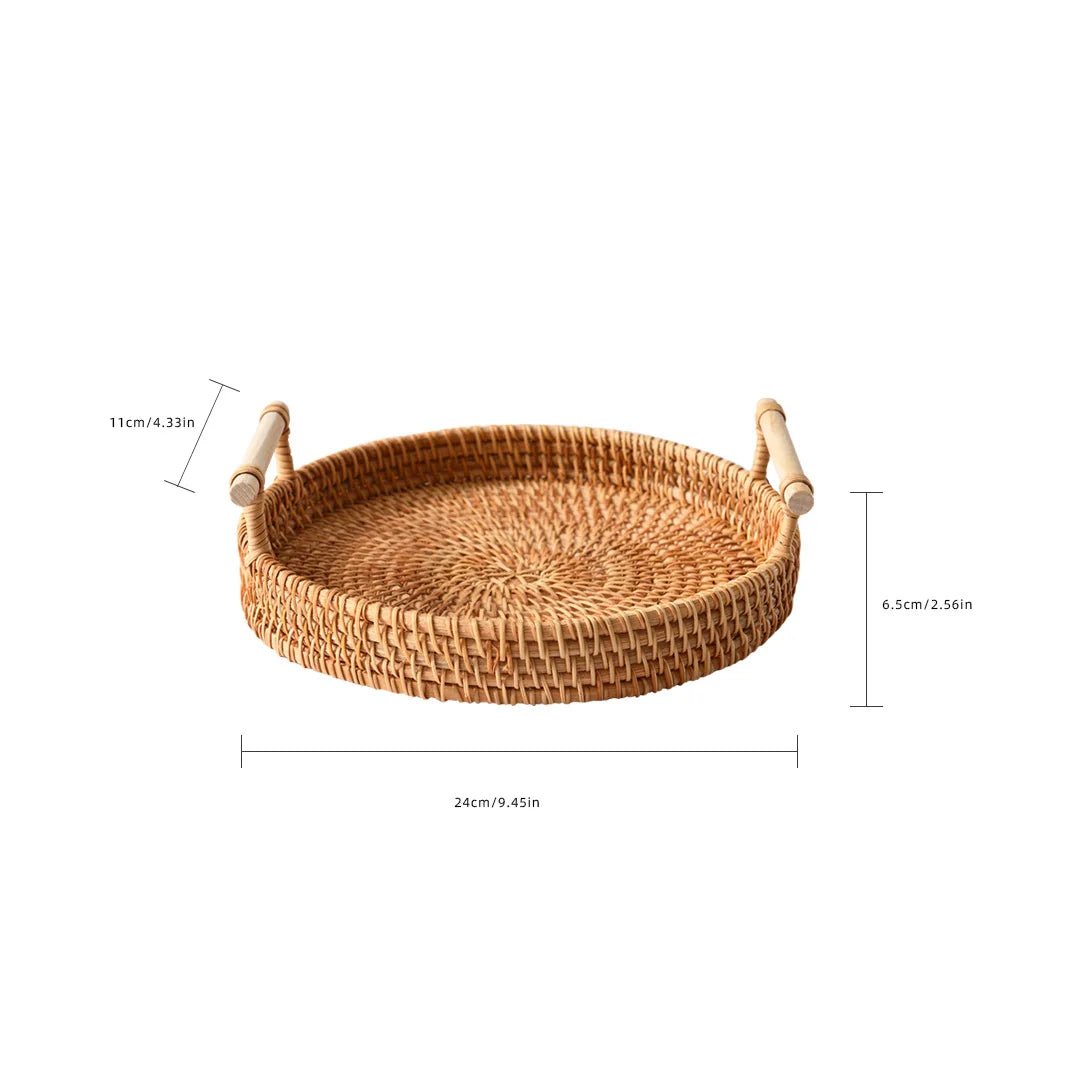 1PC Rattan Strap Handle Storage Basket Bread Snack Fruit Handwoven Tray Outdoor Coffee Afternoon Tea Picnic Kitchen Household