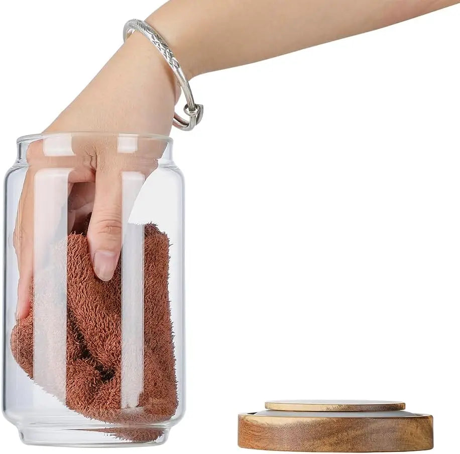 Glass Storage Jars with Wood Lid [Set of 3], 34OZ Airtight Food Containers Stackable for Coffee Beans/ Nuts/ Pasta/Cookie