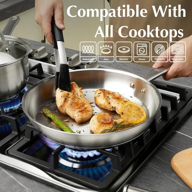 8/10Inch Frying Pan Stainless Steel Steak Skillet with Tri-Ply Bottom Low-Smoke Saucepan for Universal Stoves