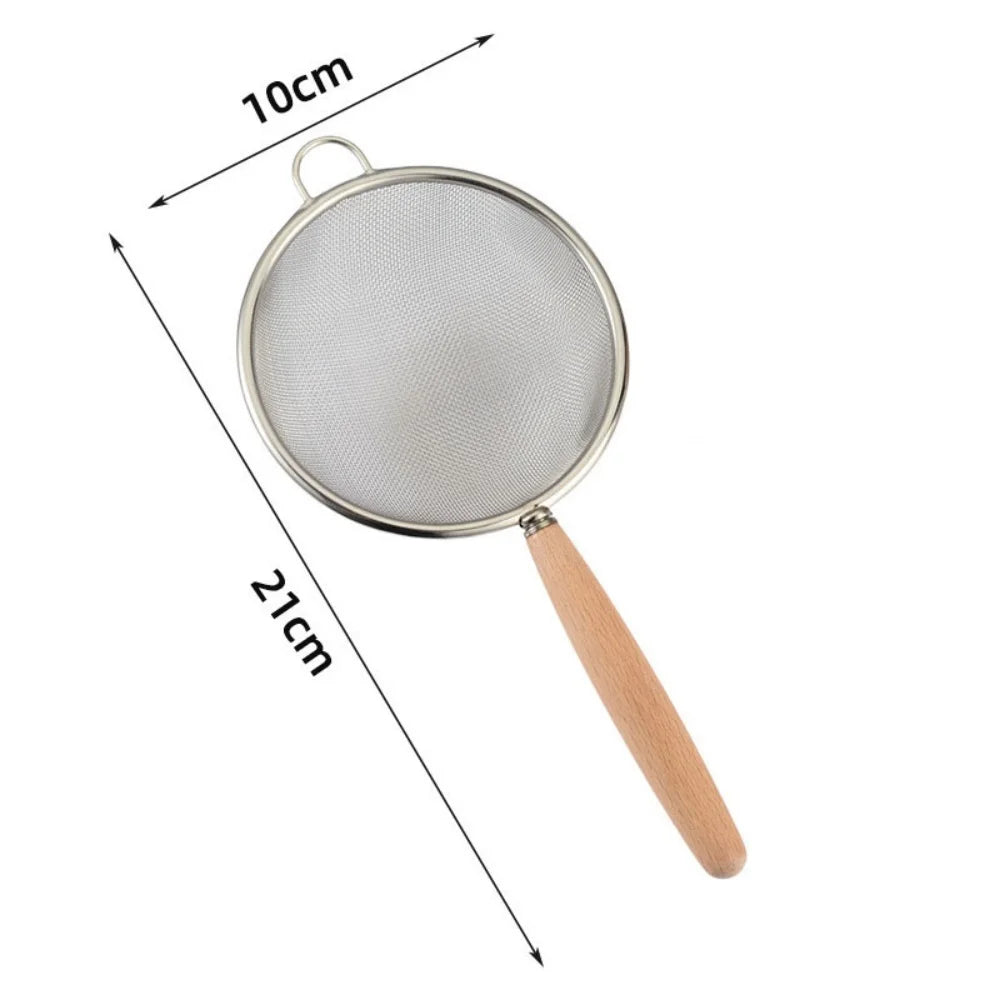 1/3Pcs Stainless Steel Colander with Wooden Long Handle Hanging Ear Kitchen Strainer Filter Fine Mesh Sieve Sifter Kitchen Tools