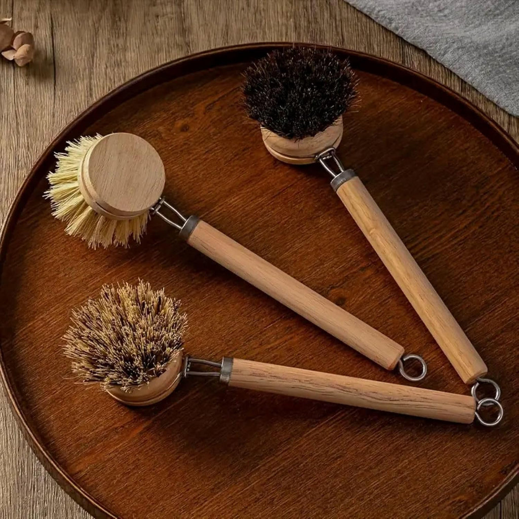 Bamboo Dish Brush with Handle, 1 Sturdy Wooden Handle with 3 Natural Bristle Heads, Horsehair, Sisal, Palm - All Purpose Kitchen Scrubber, Bamboo Wok Brush, Fruit and Veggie Scrubber