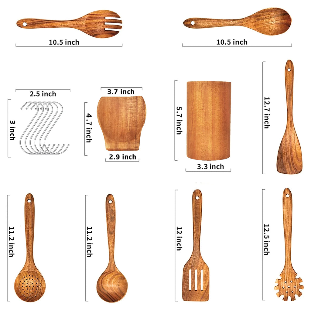 ​9-Piece Wooden Spoons for Cooking-Comfort-Grip Wooden Utensils for Cooking-Smooth Finish Wooden Cooking Utensils with Utensils Holder-Wooden Kitchen Utensil Set with Spoon Rest & Hooks