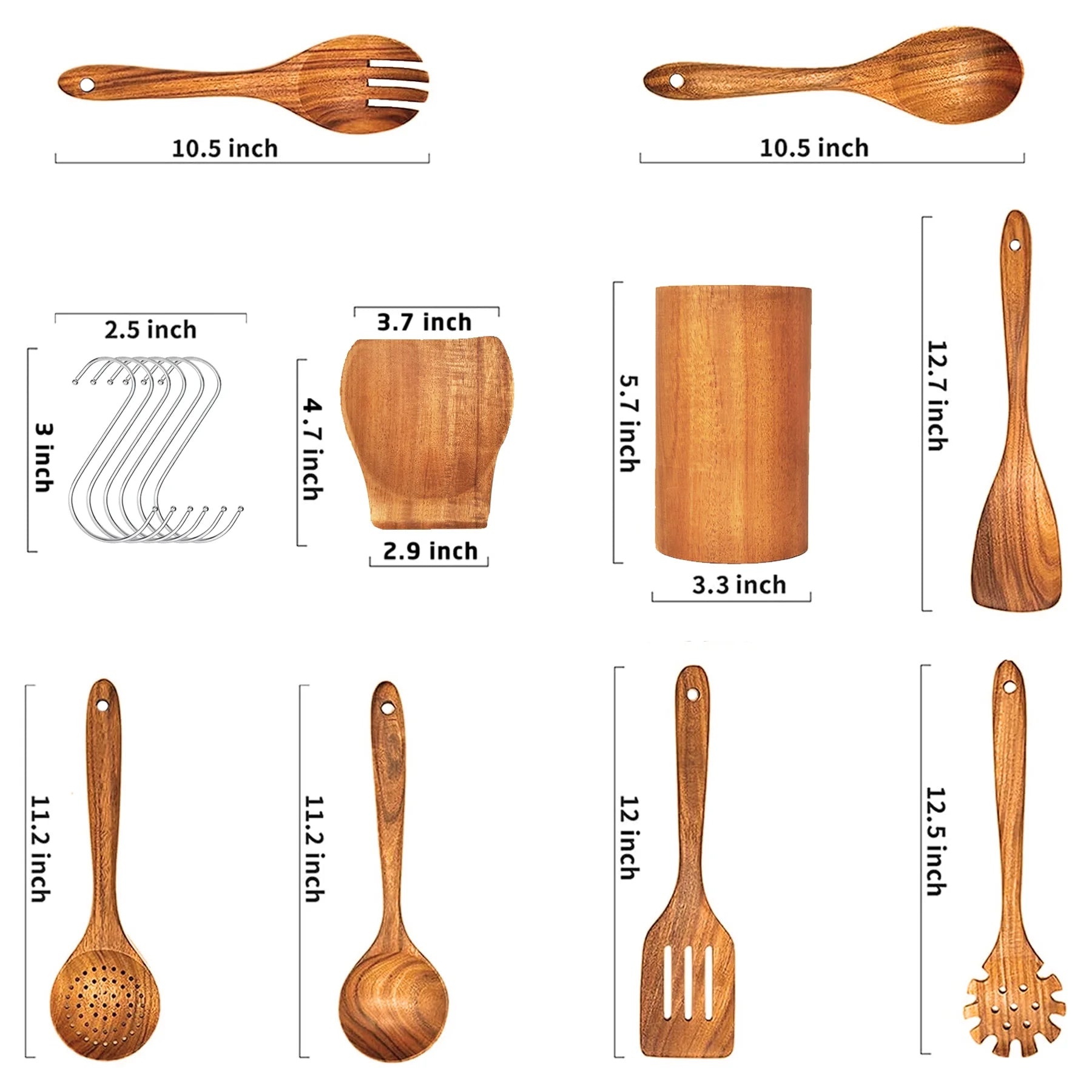 ​9-Piece Wooden Spoons for Cooking-Comfort-Grip Wooden Utensils for Cooking-Smooth Finish Wooden Cooking Utensils with Utensils Holder-Wooden Kitchen Utensil Set with Spoon Rest & Hooks