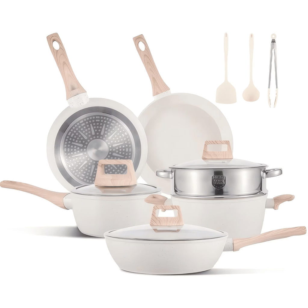 12 Pcs Pots and Pans Set, Granite Nonstick Cookware Sets, Kitchen Cooking Set with Detachable Handle, White