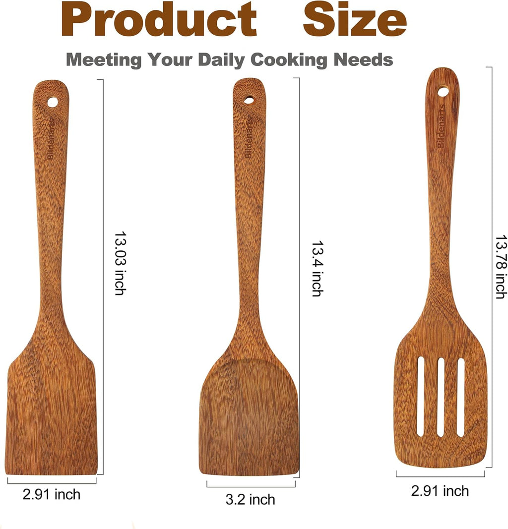 3Pcs Wood Spatulas Set Natural Wood Cooking Spoon Wooden Solid Turner Non-Stick Slotted Kitchen Utensils Wooden Spoons for Cooking Heat Resistant Non-Scratch Spoon Set