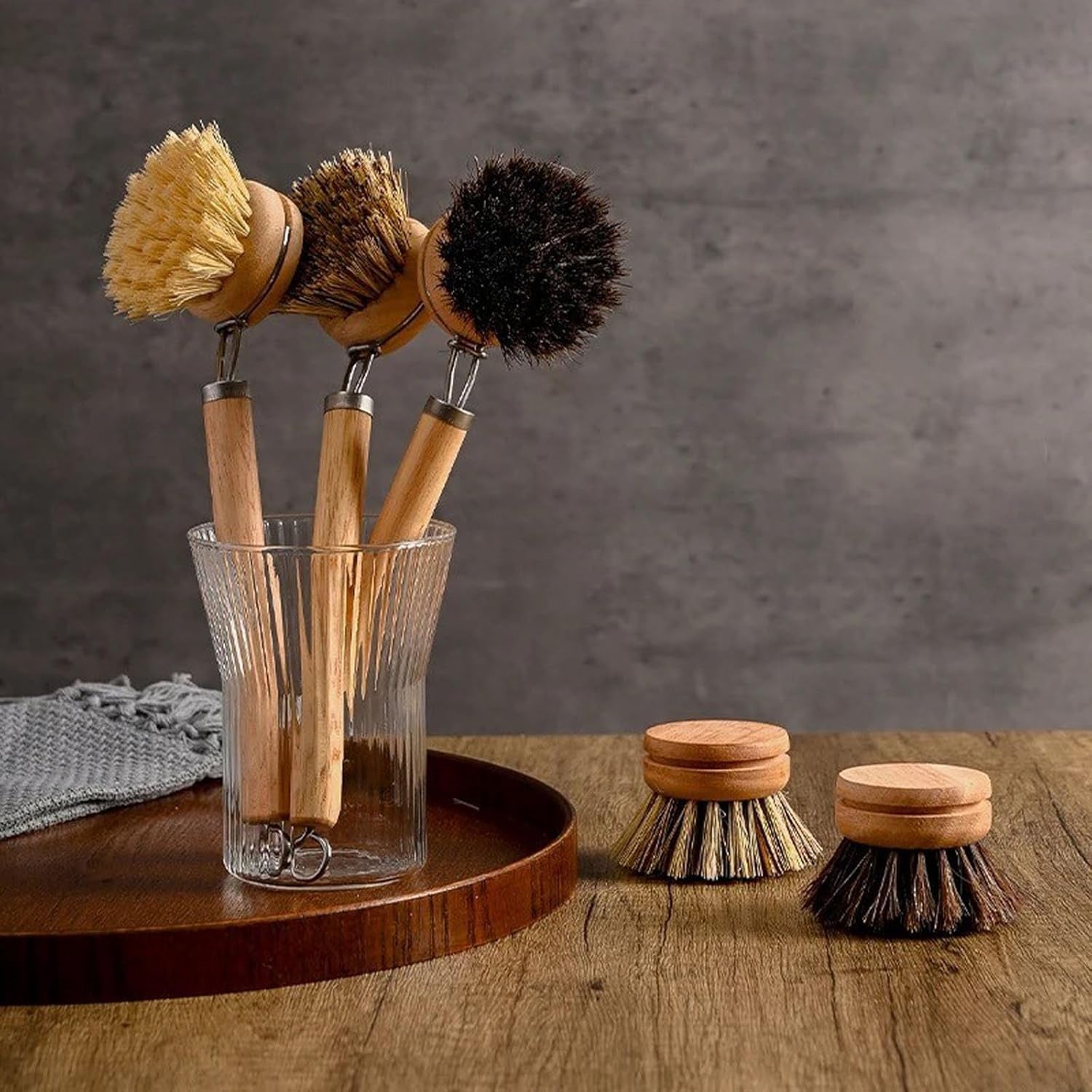 Bamboo Dish Brush with Handle, 1 Sturdy Wooden Handle with 3 Natural Bristle Heads, Horsehair, Sisal, Palm - All Purpose Kitchen Scrubber, Bamboo Wok Brush, Fruit and Veggie Scrubber