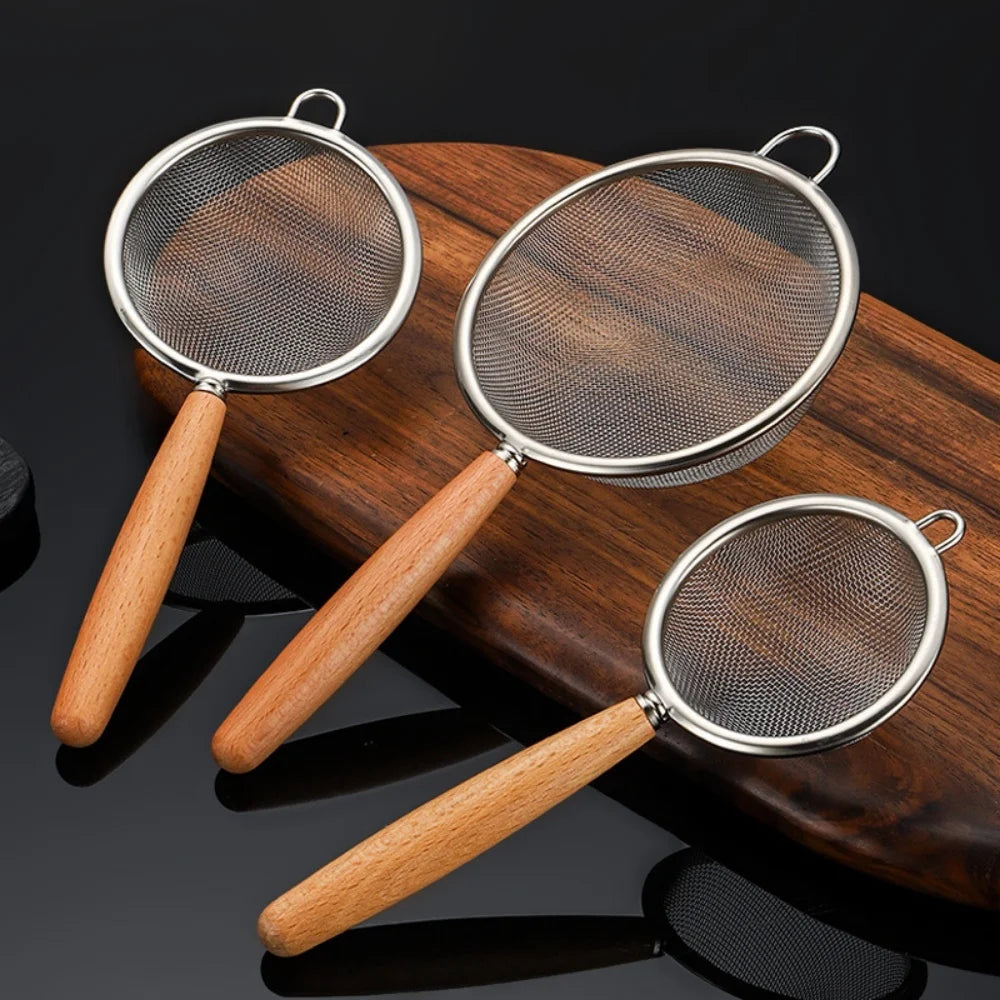 1/3Pcs Stainless Steel Colander with Wooden Long Handle Hanging Ear Kitchen Strainer Filter Fine Mesh Sieve Sifter Kitchen Tools