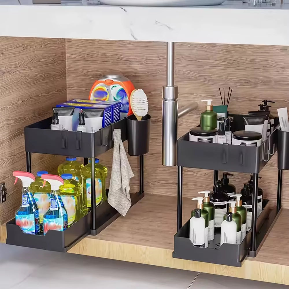 Under Sink Organizer Storage with Hooks 2-Tier Sliding Cabinet Basket Organizer Pull Out Sliding Drawer for Bathroom Kitchen