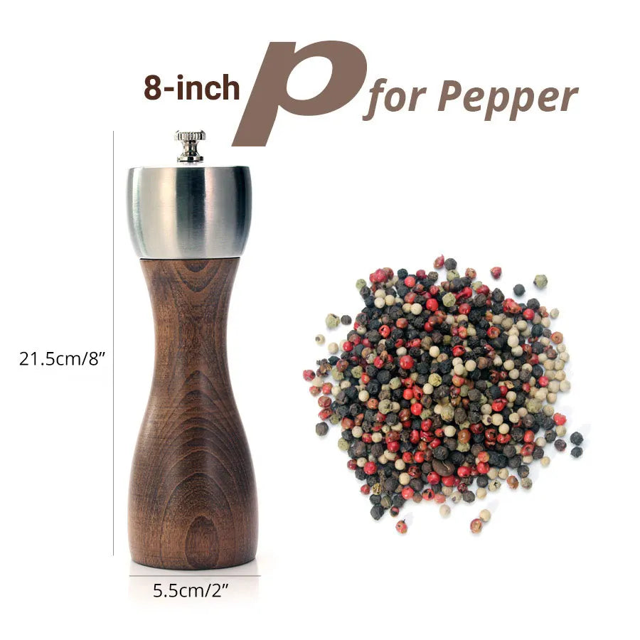 Premium Beech Pepper Mill, Salt and Pepper Grinder - Precision Carbon Steel Rotor Use for Peppercorn, Sea Salt, Pepper