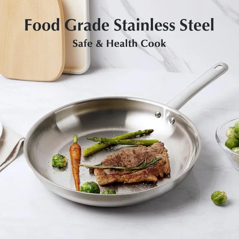 8/10Inch Frying Pan Stainless Steel Steak Skillet with Tri-Ply Bottom Low-Smoke Saucepan for Universal Stoves