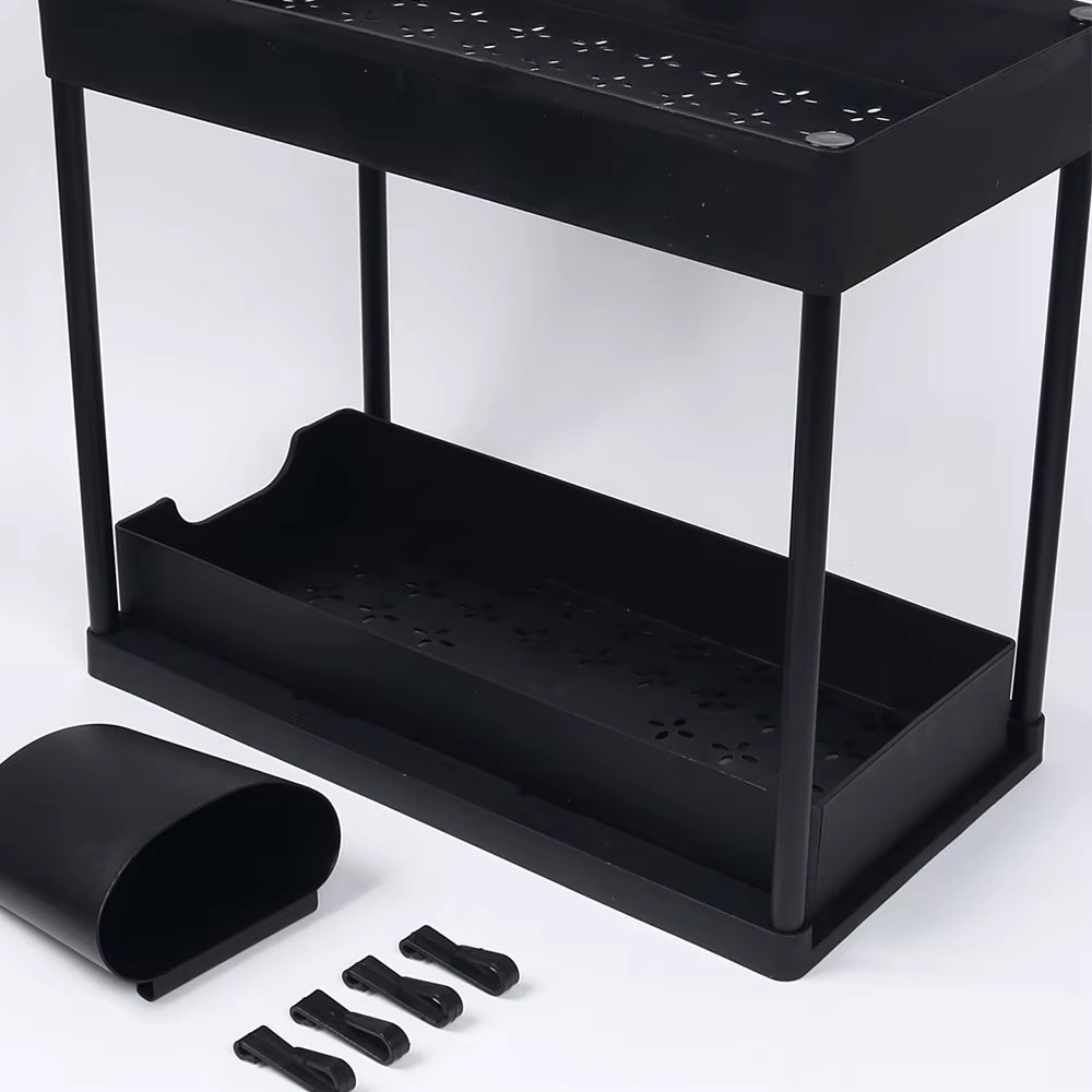 Under Sink Organizer Storage with Hooks 2-Tier Sliding Cabinet Basket Organizer Pull Out Sliding Drawer for Bathroom Kitchen