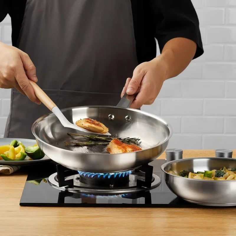 8/10Inch Frying Pan Stainless Steel Steak Skillet with Tri-Ply Bottom Low-Smoke Saucepan for Universal Stoves