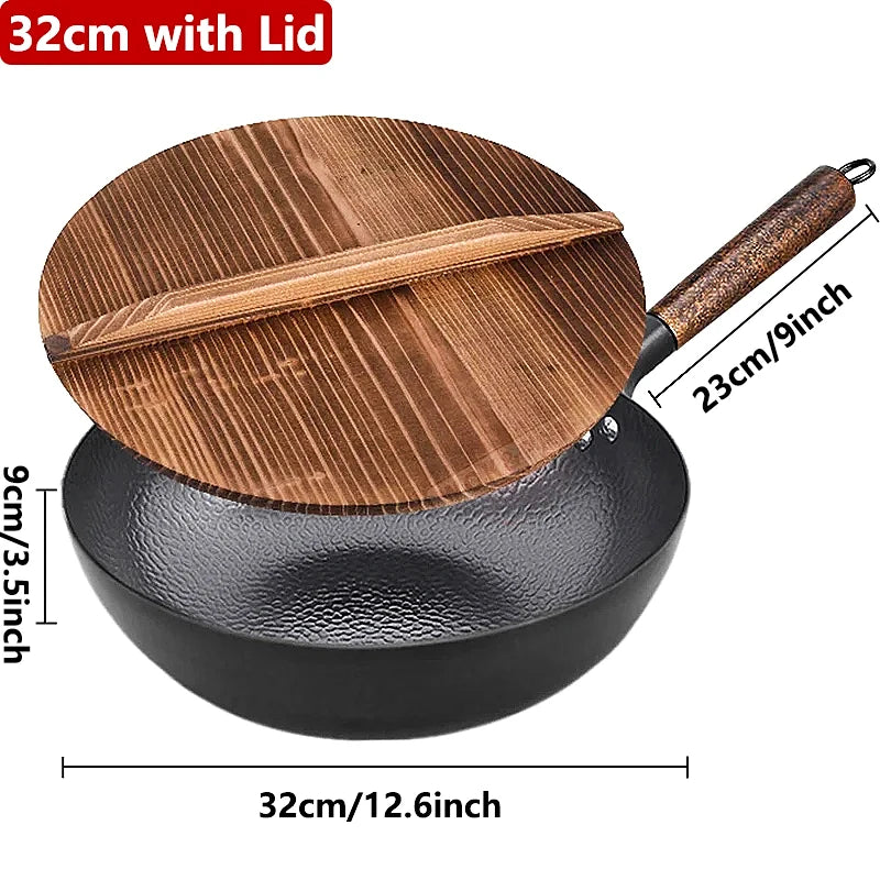 Carbon Steel Wok Pan 32Cm Stir-Fry Pans with Wooden Lid Uncoated Flat Bottom Chinese Pan for Induction Electric Gas All Stoves