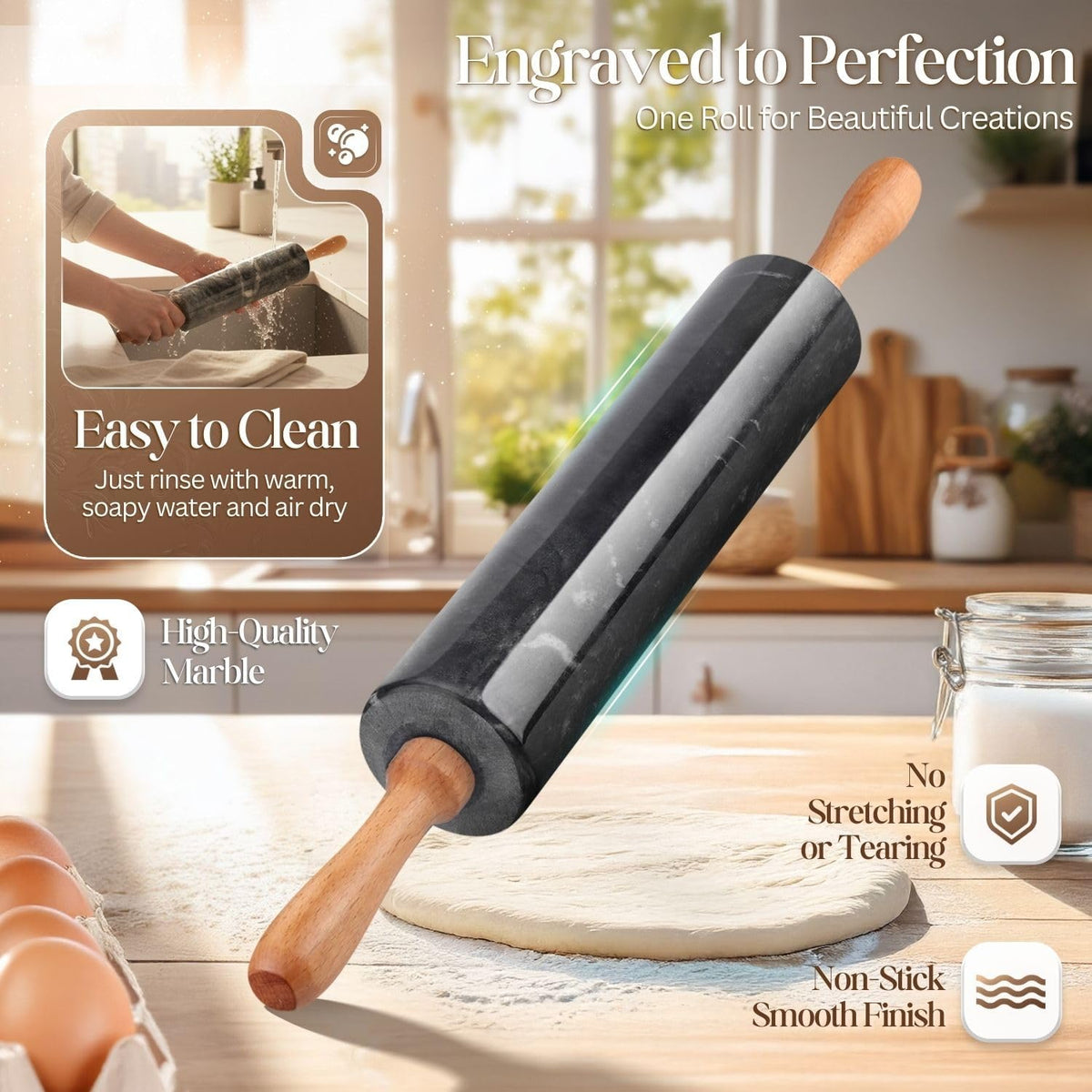 Marble Rolling Pin Heavy Nonstick Stone Dough Roller - 10 Inch Polished Barrel with Wooden Handles & Cradle Stand for Baking Pastry Bread Pizza Cookies Pie Crust Pasta Tortillas (Black)