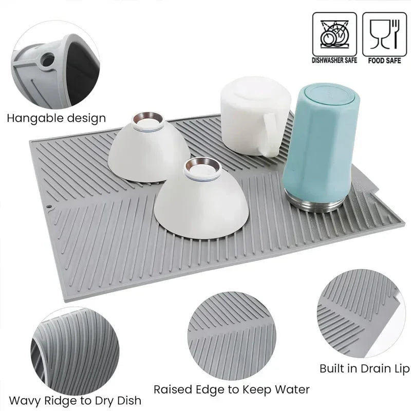 S/L Silicone Draining Board Mat, Dish Drying Pad, Folding Heat Resistant Rectangle Eco-Friendly Drainer for Kitchen Pot Cup