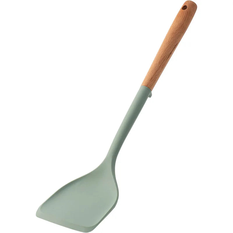 5Pcs Green Non-Stick Silicone Wooden Handle Kitchen Utensils Kitchen Utensils Silicone Cooking Spatula Baking Storage Tool