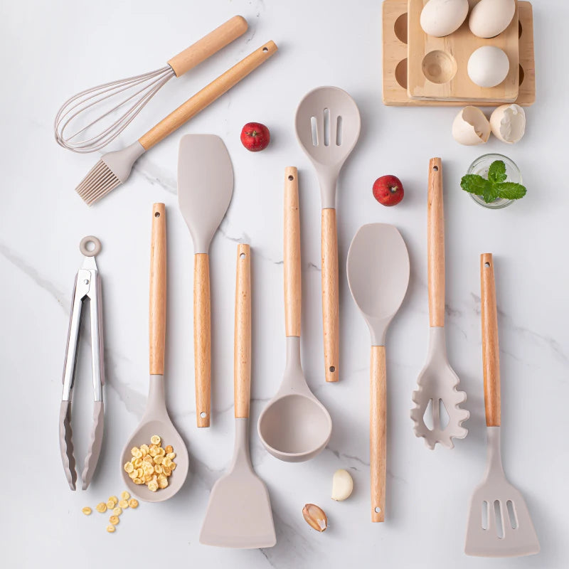 12Pcs, Silicone Utensil Set, Khaki Kitchen Utensil Set with Wooden Handle, Safety Cooking Utensils Set, Non-Stick Kitchen Tools