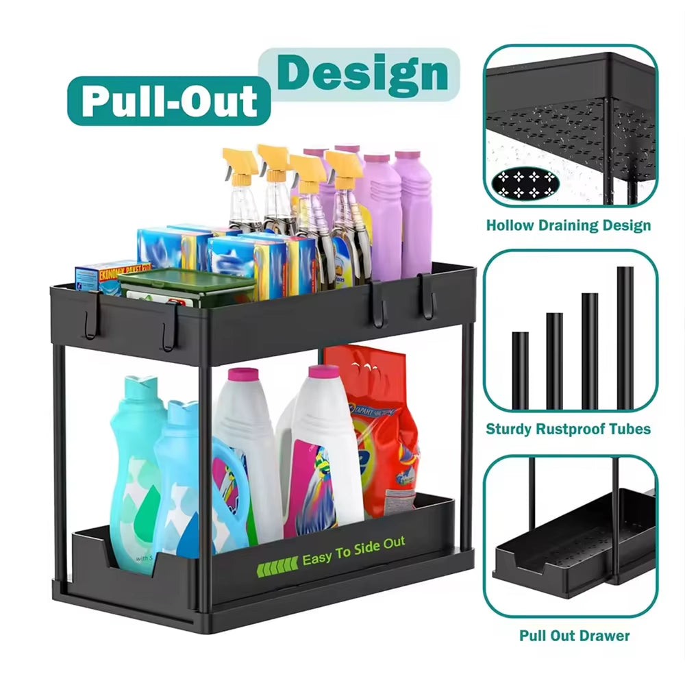 Under Sink Organizer Storage with Hooks 2-Tier Sliding Cabinet Basket Organizer Pull Out Sliding Drawer for Bathroom Kitchen