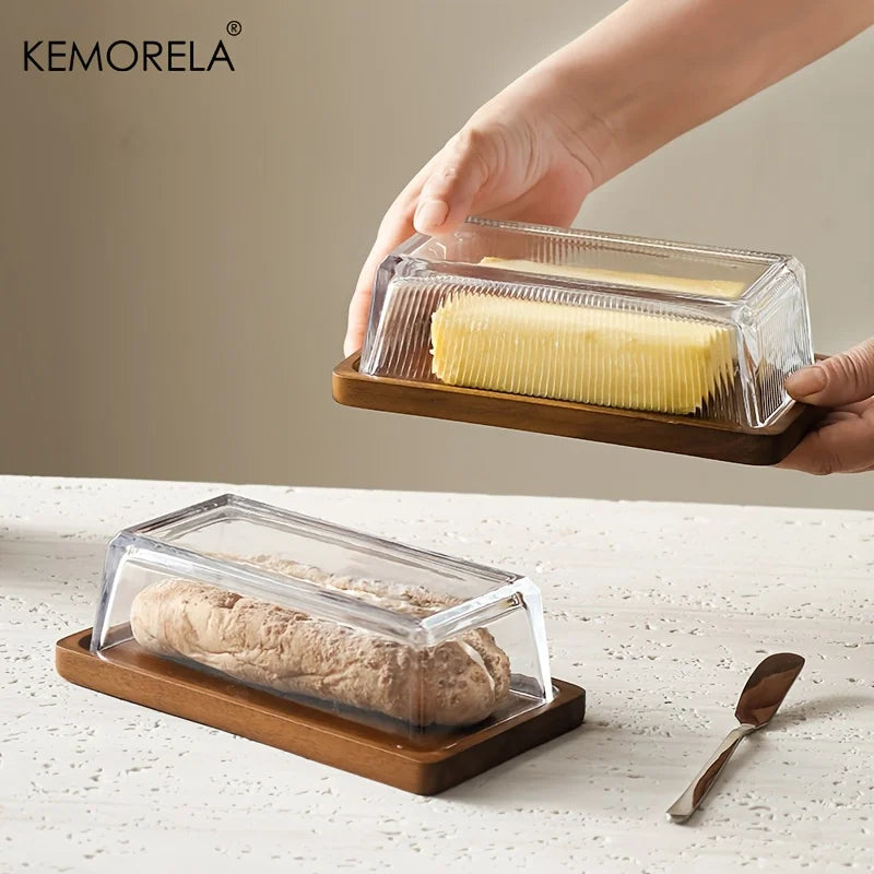 Creative Cheese Butter Plate Rectangular Wooden Tray Glass Cover Storage Box Cake Dessert Bread Dim Sum Plate Table Tableware