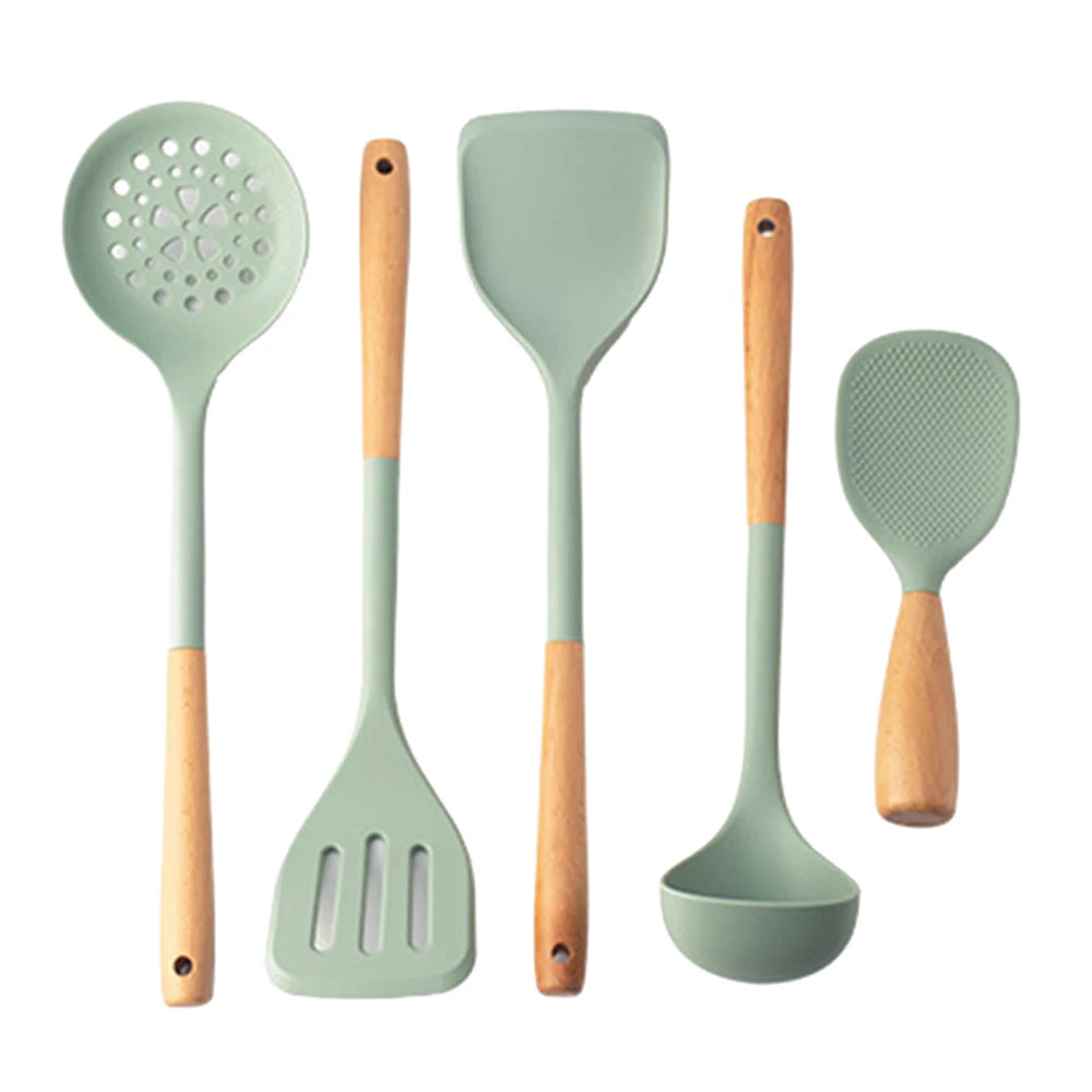 5Pcs Green Non-Stick Silicone Wooden Handle Kitchen Utensils Kitchen Utensils Silicone Cooking Spatula Baking Storage Tool