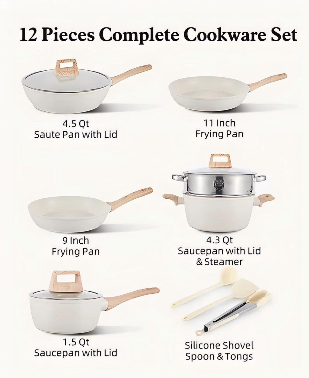 12 Pcs Pots and Pans Set, Granite Nonstick Cookware Sets, Kitchen Cooking Set with Detachable Handle, White