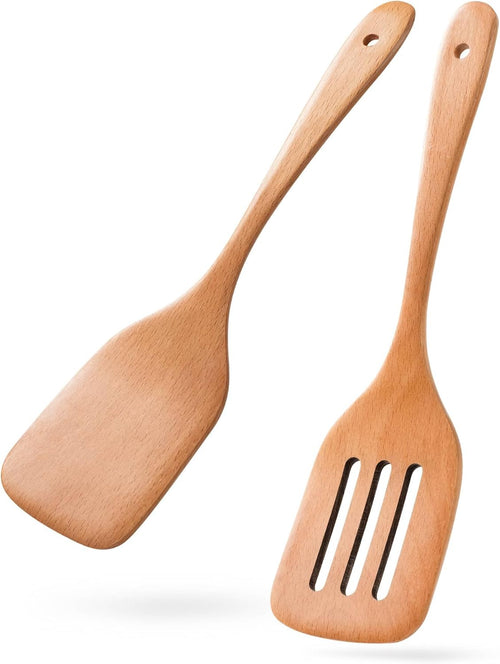 2PCS Wooden Spatulas for Cooking, 12 Inch Wood Spatulas Set with Flat Wood Spatula & Slotted Spatula – Beech Cooking Utensils for Nonstick Pans – Wooden Spoons for Cooking